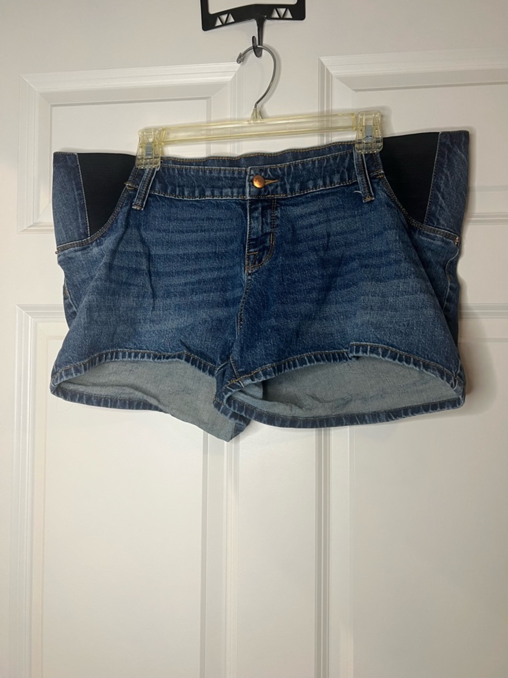 Ingrid & Isabel Blue Denim Maternity Shorts with Black Side Panels